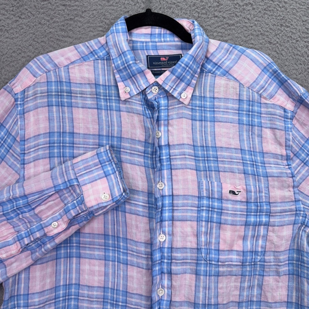 Vineyard‎ Vines Shirt Mens L Pink Blue Plaid Linen Tucker Classic Fit Preppy